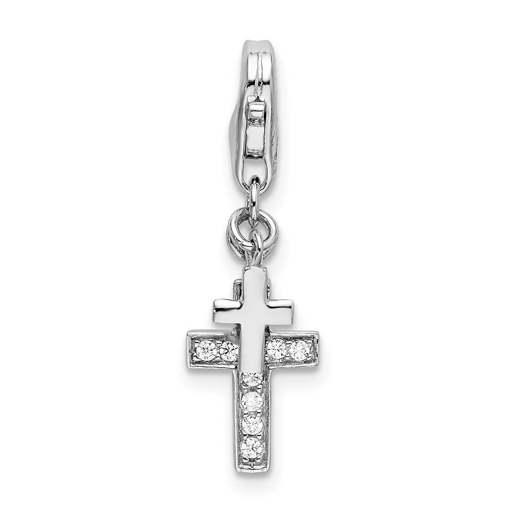 Sterling Silver Polished Cz Two Cross Bracelet Charm With Fancy Lobster Clasp